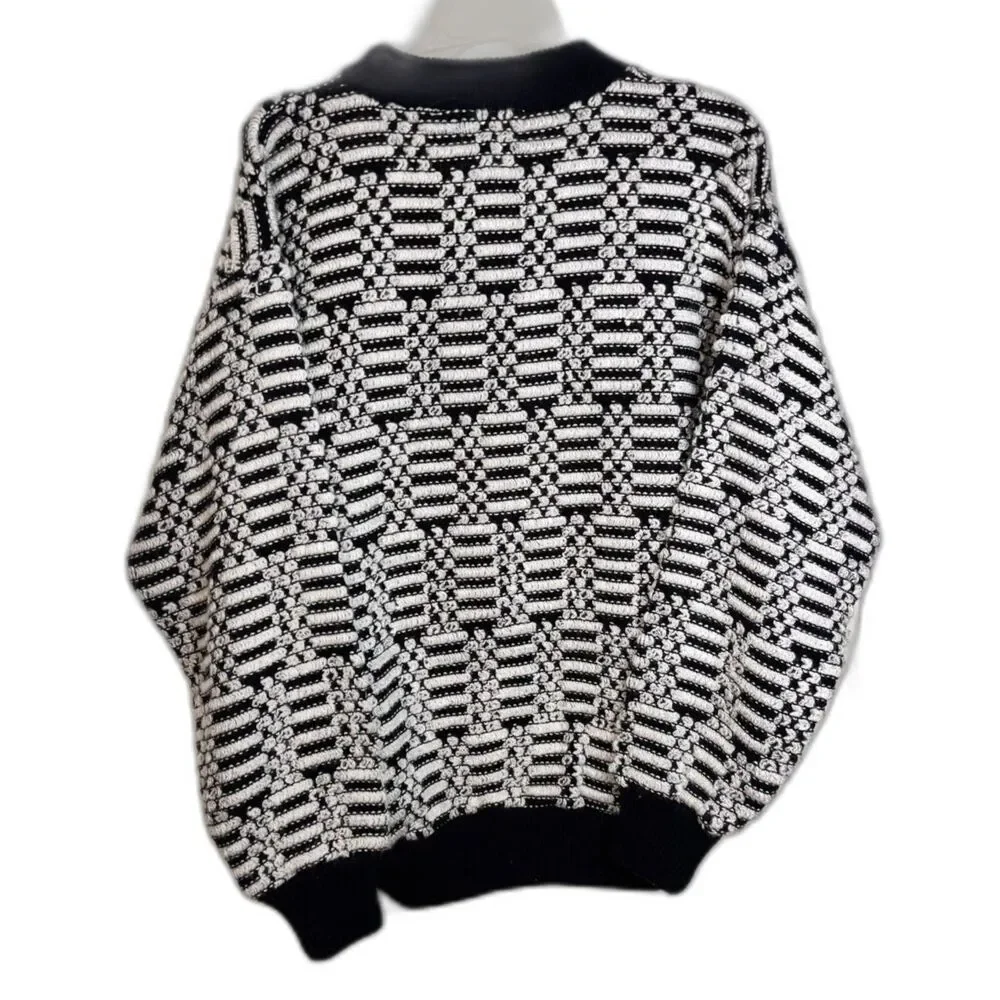 Vintage 90s 3D Knit Sweater Mens M Black White Geometric Champion Patch Grandpa
